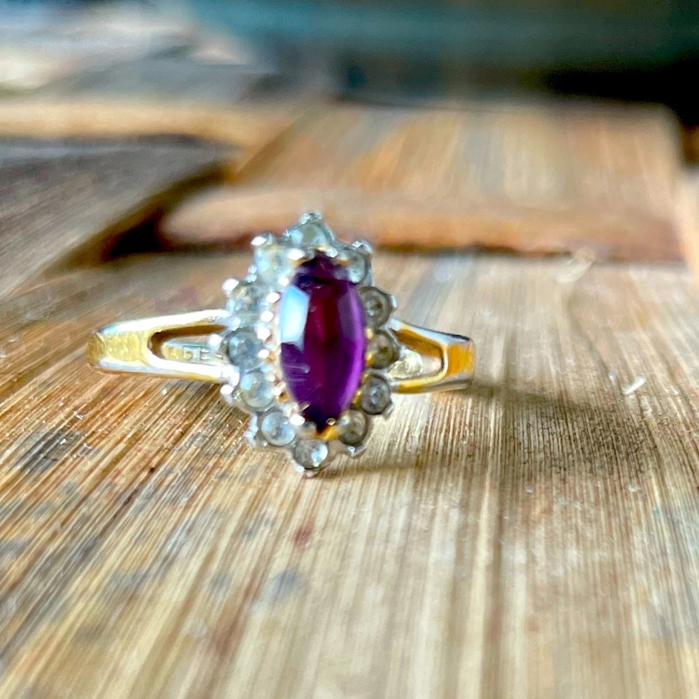 18k Amethyst & Diamond Halo Ring Size 5.5